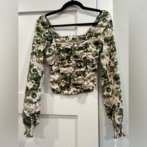 NWOT Open Edit Ruched Bodice Long Sleeve Top in Olive Watercolor Rose - Sz XXS